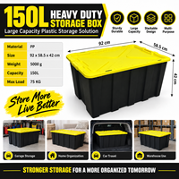 Boîte de rangement robuste de 150 L, bac de rangement en PP, organisateur pour le camping, l'extérieur, le garage, l'entrepôt