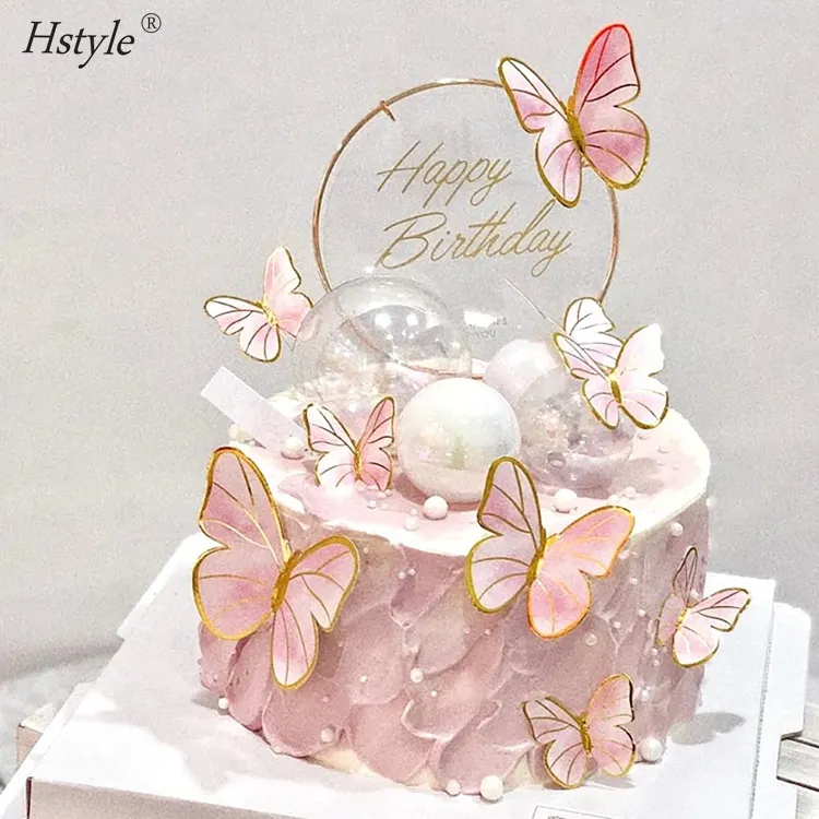 Décoration de gâteau papillon rose + 11 pièces décoration de cupcake joyeux anniversaire métal or Topper pour filles décoration de fête des femmes PQ879