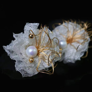 wholesale custom Handmade Italian Mesh Lace Floral <b>Stud</b> Earrings, Imported 14K Gold Filled, High Luster Natural Edison Pearl - Product Image 1