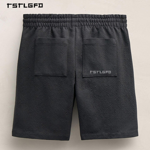 Premium Men's Worsted Shorts Embroidered Mid Waist <b>Elastic</b> Waistband Loose Fit Urban Fashion - Product Image 4