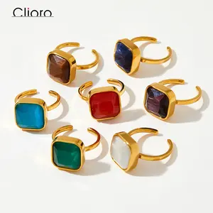 INS New Colorful Square Natural Opal Stone Multicolor Optional Christmas Ring Stainless Steel Rings For Women Trendy