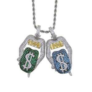 Nuevo diseño de dos tonos blanco rosa CZ Pave labio calavera dólar signo goteo dinero budismo aniversario colgante collar - Product Image 5