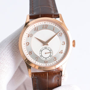 Montre à bracelet en cuir de crocodile avec cadran or rose et design simple en argent 5196, système d'affichage des secondes indépendant - Product Image 1