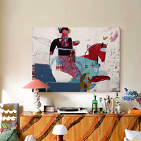 Peinture à l'huile Pop Art, figurine colorée peinte à la main, cheval monté, grande toile murale, style crème du milieu du siècle, pour salon