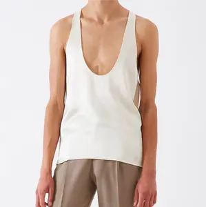 Ademende En Vochtafvoerende Stijlvolle Diepe Ronde Hals 100% Zijden Heren Tanktop Blanco