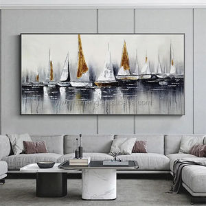 Arte de pared pintado a mano, paisaje de velero Horizontal del océano, marco de lona moderno, pinturas abstractas de barcos de vela, 100% - Product Image 6