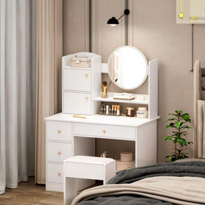 Table de maquillage moderne et brillante pour chambre à coucher et salon, avec miroir à LED, panneau MDF, chaise à dossier, grande capacité de rangement, <span class=keywords><strong>tiroirs</strong></span> - Product Image 2