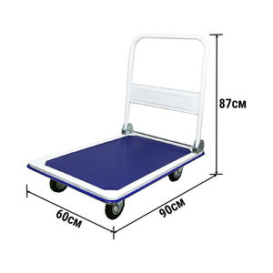 <b>Foldable</b> Flatbed Truck Steel 4 Wheel Blue Industrial Single Layer Cargo <b>Trolley</b> Hand Cart - Product Image 4