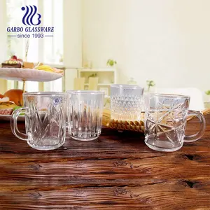 Soda-lime Glass Mug with Engraved Diamond Design High Quality Drinking Glass Cup with Handle Clear Glass Cup 8oz Water Tea Mug