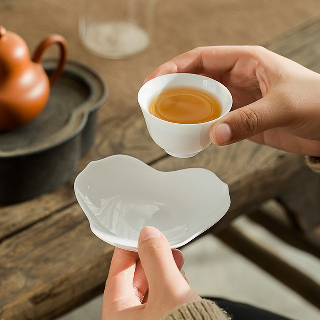 Handmade White Porcelain Kung Fu Tea Cup Thin Body Master Cup with Small Teacup Ceramic Bowl and Coaster for Tea Lovers