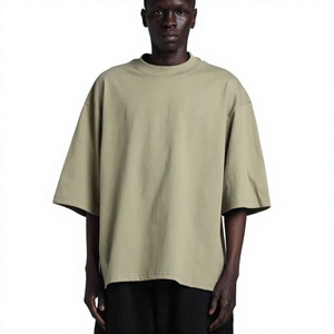 T-shirt en coton uni surdimensionné pour homme, manches courtes, col rond, coupe décontractée, longueur normale, style tricoté écologique - Product Image 1
