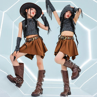 Costumes de danse jazz pour filles, style cowgirl western, haut court gris anthracite vieilli, jupe irrégulière marron, pour spectacle scénique enfant