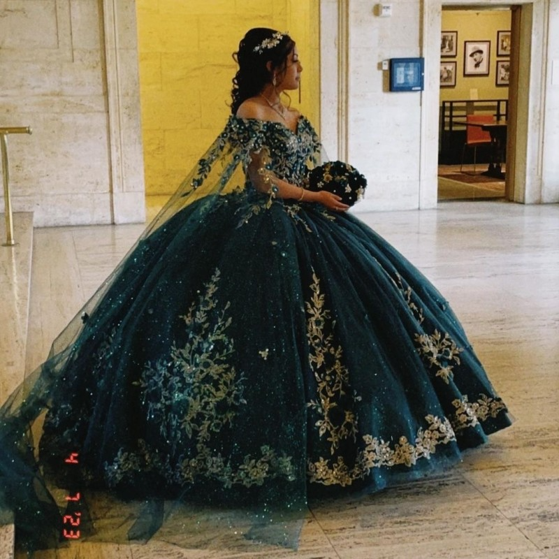 Mumuleo Emerald Green Shiny Princess off the Shoulder Ball Gown