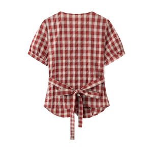 Chemise écossaise à carreaux pour femmes, nouvelle <span class=keywords><strong>chemisier</strong></span> d'été à col en V, froncée, à nouer à la taille, à manches bouffantes, coupe ajustée - Product Image 3