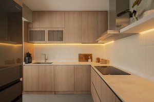 Wabi-Sabi Style Kitchen Modular Storage Natural American <strong>Dark</strong> Oak Walnut Sideboard Japandi Furniture Cabinet with Faucet Marble - Product Image 3