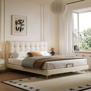 Designer Waffle Eco-Friendly Oak Wood Adjustable Bunk <b>Bed</b> French Cream-style King-sized High Feet Double Leather - Product Image 2
