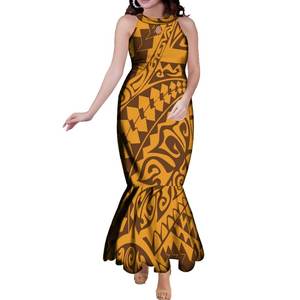 Nuevo vestido de cola de pez sin mangas personalizado Fiji Polynesian Tribal estampado largo Maxi Halter vestidos diseño de gota de agua sirena vestido de Graduación - Product Image 3