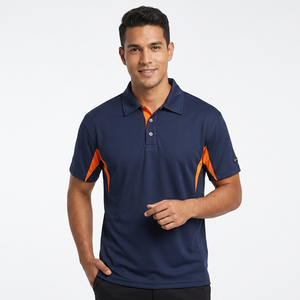 Men's Cotton <b>Navy</b> <b>Blue</b> Solid Terry Formal Sports <b>Shirt</b> Orange Contrast Side Panels Performance Dry Fit Anti-Wrinkle Short Sleeve - Product Image 1