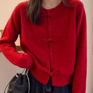 <span class=keywords><strong>Cardigan</strong></span> Elegante da Donna Primaverile Monopetto <span class=keywords><strong>Lungo</strong></span> <span class=keywords><strong>Rosso</strong></span> con Fiocco Lavorato a Maglia con Colletto Abbottonato Motivo Tinta Unita Decorazione Floreale - Product Image 1