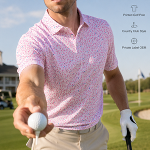Custom <b>Pink</b> Leaf Print Golf Polo <b>Shirt</b> <b>Mens</b> Performance Moisture Wicking Quick Dry Lightweight Breathable OEM ODM Private Label - Product Image 1