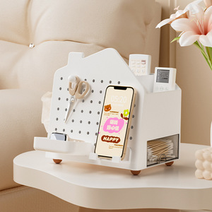 Home Pegboard Storage Box <b>Desktop</b> Multi Functional Tissue Box Remote Holder Bathroom <b>Shelf</b> Creamy White - Product Image 1