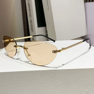Gafas de sol ovaladas sin montura UV400 para mujer, estilo retro, protección solar, gafas de moda para adultos - Product Image 3