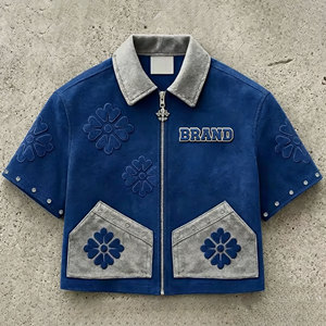 T-shirt <span class=keywords><strong>Corta</strong></span> Vintage Personalizzata con Colletto Rialzato, Chiusura a Cerniera, Ricamo Floreale, Stile Streetwear in Camoscio - Product Image 2