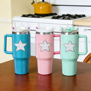 Bottiglia Termica da 40oz con Manico in Acciaio Inox, Decorata con Strass Rosa e Verde, per Donne e Viaggi - Product Image 1