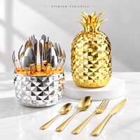 Ensemble de 24 couverts modernes en acier inoxydable poli miroir avec support ananas pour hôtels et maisons