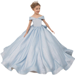S2099R New Blue One Shoulder Satin Bow fairy High-end Sweet Temperament Hot Selling Flower Girl <b>Dress</b> - Product Image 5