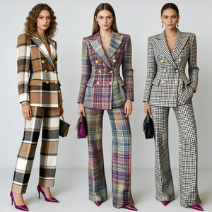 Traje de Dos Piezas Personalizado para Mujer, Estilo Vintage 2026, Diseño a <span class=keywords><strong>Cuadros</strong></span>, <span class=keywords><strong>Blazer</strong></span> Cruzado y Pantalón, Ropa de Oficina y Negocios - Product Image 1