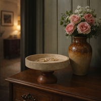 Plateau décoratif rond en travertin naturel fait main, beige, pour fruits, desserts, comptoir de cuisine, D20*H12cm
