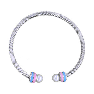 <span class=keywords><strong>Bracciale</strong></span> Aperto JJOA in <span class=keywords><strong>Acciaio</strong></span> Inossidabile Smaltato <span class=keywords><strong>Rosa</strong></span> Chiaro e Blu con Perla, Ispirato a Jack e Jill of America - Product Image 1