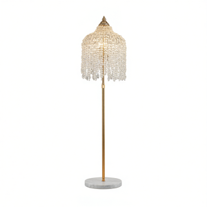 Lampadaire en cristal vintage, design cascade, avec guirlandes de perles en forme de raisin, base en marbre, en fer doré, 3 lumières LED, pour salon - Product Image 1