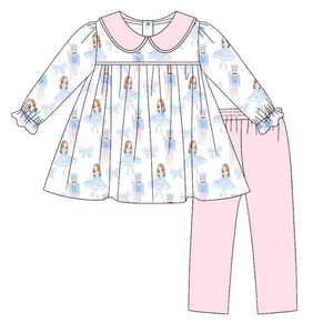 Conjunto de manga larga para niñas, estampado de dibujos animados, cuello Peter Pan, pantalones, conjuntos de ropa navideña - Product Image 4