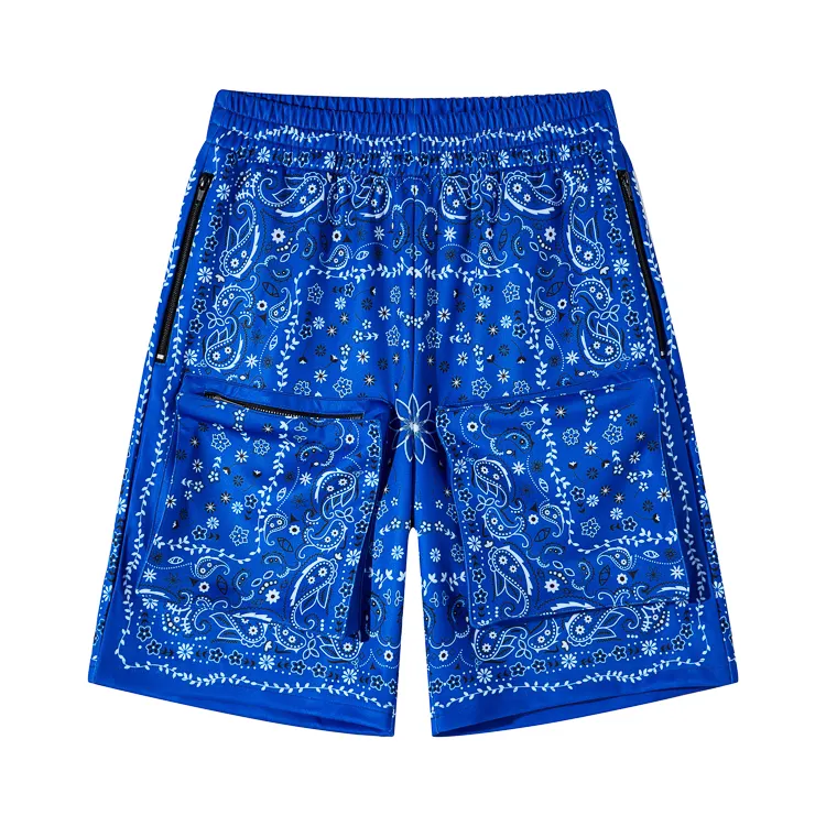 Verão Novo Estilo Streetwear All Over Imprimir Homens Hip Hop Shorts com Bolso Azul Calções Bandana