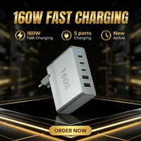 Chargeur GaN 160W 5 ports 3 USB C + 2 USB A Chargeur mural rapide PD QC 3.0 Adaptateur de charge multi-appareils pour ordinateur portable téléphone Prise EU