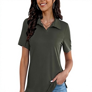 Polo de Manga Corta para Mujer, Color Sólido, Tejido Transpirable, Estilo Casual Deportivo, Largo Regular, Verde Oliva - Product Image 1