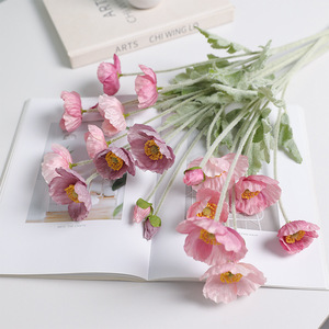 Fleur de pavot artificielle Ruilisi en tissu de soie rose clair, décoration pour la maison et les mariages, 4 têtes floquées - Product Image 3