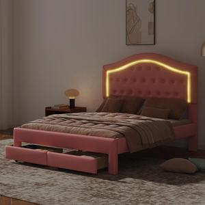 Adorabile <span class=keywords><strong>Letto</strong></span> Matrimoniale Imbottito per Cameretta Ragazza con LED e Cassetti, Struttura <span class=keywords><strong>Letto</strong></span> Queen Size con Testiera Trapuntata Rosa Crema - Product Image 3
