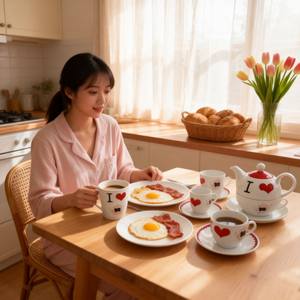 Ensembles de petit-déjeuner élégants en céramique et porcelaine / Services de thé de l'après-midi, tasses à café, soucoupes, plateaux - Marque HARVIT, design mignon, pour les fêtes - Product Image 5