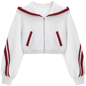 Sudadera con Capucha Blanca con Rayas Rojas, Sudadera Informal Unisex de Manga Larga con Bolsillos, 100% Poliéster, Ropa de Primavera - Product Image 1