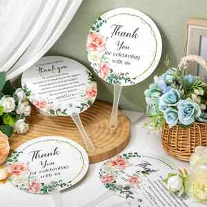 Flower Thank You <b>Hand</b> <b>Fan</b> Wedding <b>Hand</b> <b>Fans</b> for Guests Bulk Decorative Plastic Handheld Wedding Favor <b>Fans</b> with Handle Thank You - Product Image 1