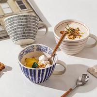 Mug à petit-déjeuner en céramique rétro irrégulier 400 ml, peint à la main, en porcelaine rayée, compatible micro-ondes et lave-vaisselle, pour boissons chaudes et café