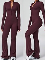 Combinaison de danse et de yoga moulante à fermeture éclair pour femme, manches longues, style Hot Girl, fitness, une pièce, pantalon évasé, body élastique, tenue de sport
