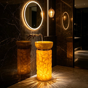 Lavabo colonne autoportant LED jaune translucide <span class=keywords><strong>de</strong></span> luxe, lavabo sur pied texturé à effet lumineux pour salle <span class=keywords><strong>de</strong></span> bain d'hôtel ou <span class=keywords><strong>de</strong></span> villa - Product Image 4