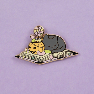 Sleepy Candy <strong>Cat</strong> Laying on <strong>the</strong> <strong>Book</strong> Enamel Lapel Pin Badge Custom Pumpkin Halloween Gifts Hard Enamel Pins <strong>cat</strong> for Holiday Gift - Product Image 5