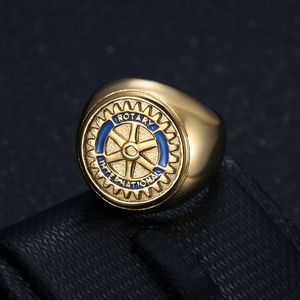 Rotary Club Badge <b>Ring</b> Gold Plated <b>Titanium</b> Steel Men's Jewelry Gift Round Shield Design Geometric Shape JZ104 - Product Image 3