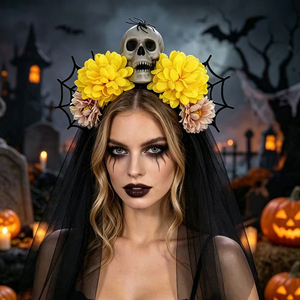 Copricapo Floreale Stile Dark con Ragno e Velo per Costume da Sposa di Halloween, Accessorio Fotografico per il Giorno dei Morti - Product Image 2