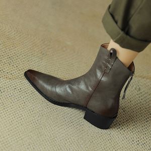 Bottines courtes vintage pour femmes, automne-hiver 2024, sexy, bout pointu, chaussures en cuir véritable, talons <span class=keywords><strong>mi</strong></span>-hauts confortables, bottines à la cheville pour <span class=keywords><strong>femme</strong></span>, noir, taille 48 - Product Image 4